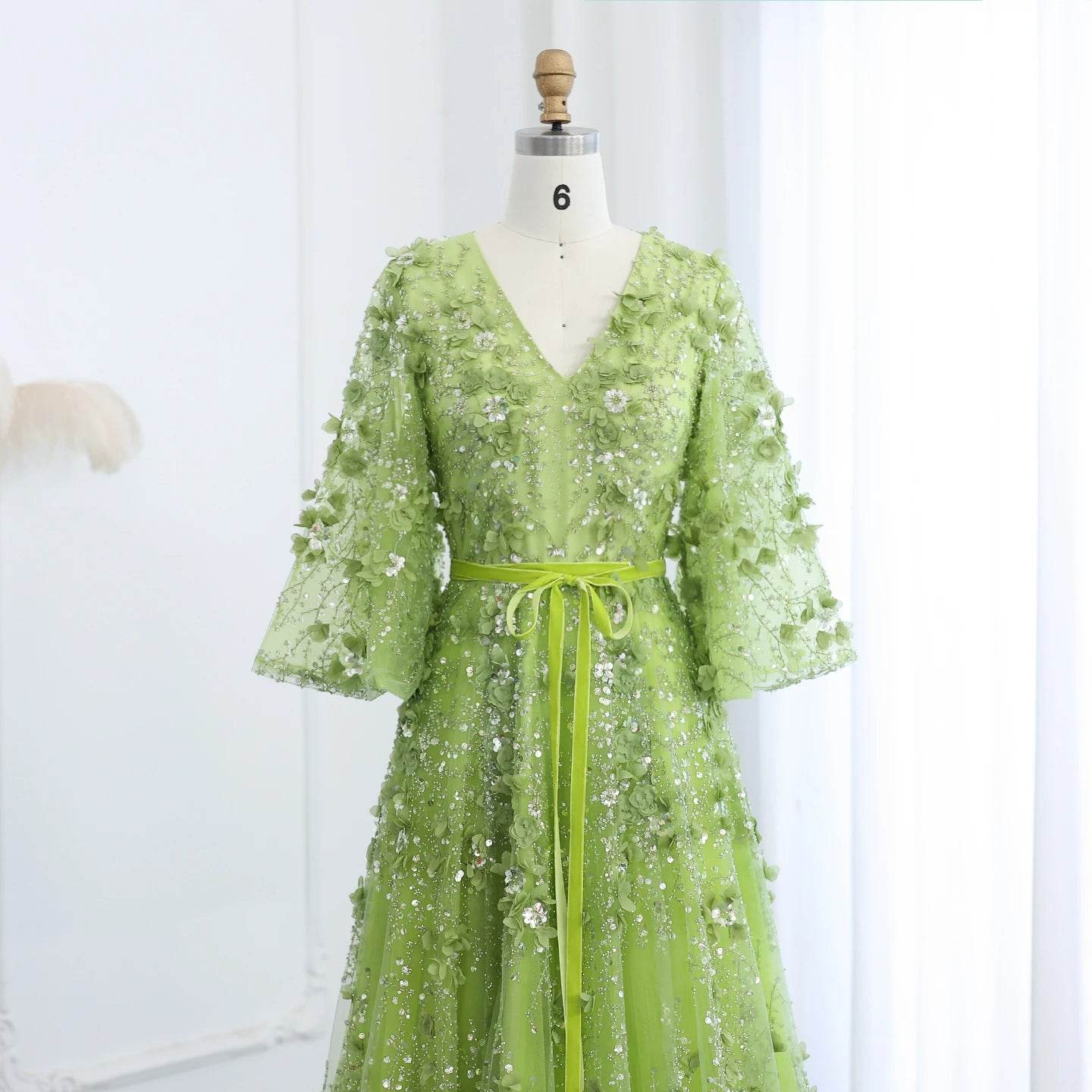 Sharon Said Green 3D Embroidered V-neck Evening Dress for Women - Buy Center US