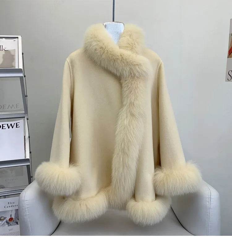 Elegant Real Fox Fur Collar Coat - Women's Wool Cloak for 2024 - Buy Center US