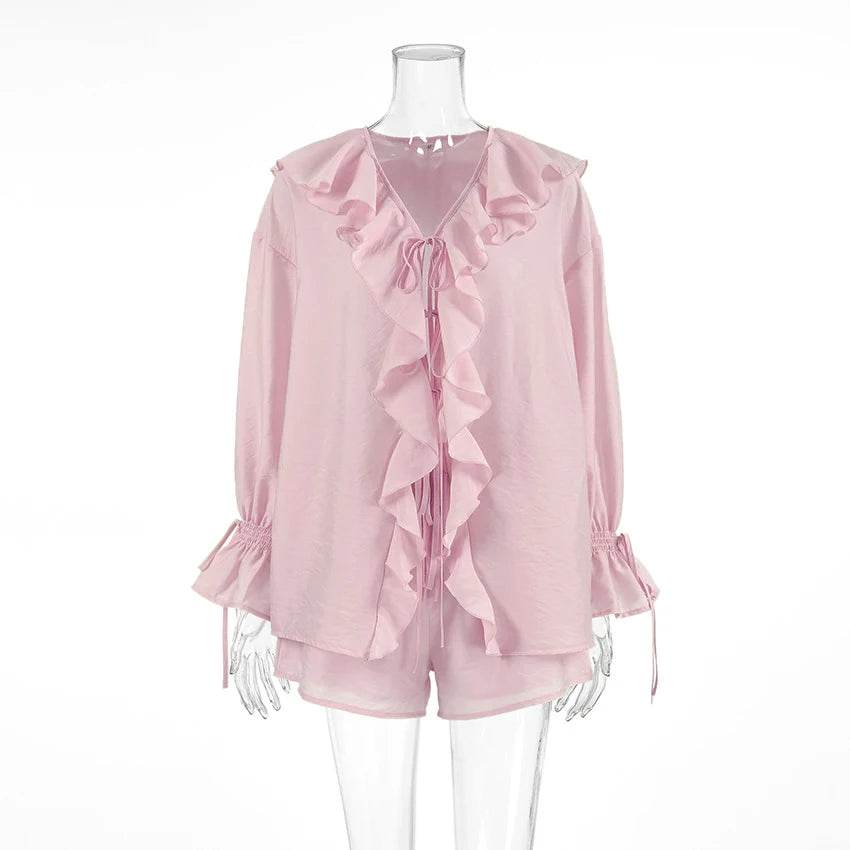 Tornova Women's Ruffled Shorts Set - V Neck Lace Up Casual Style - Buy Center US