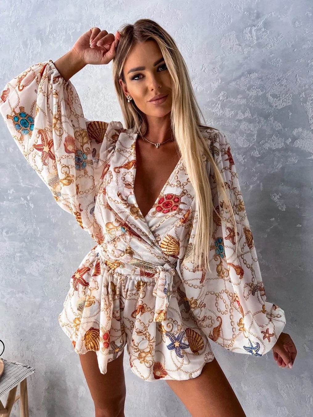 Summer Boho Deep V Neck Set - Casual Lantern Sleeve Top & Shorts - Buy Center US