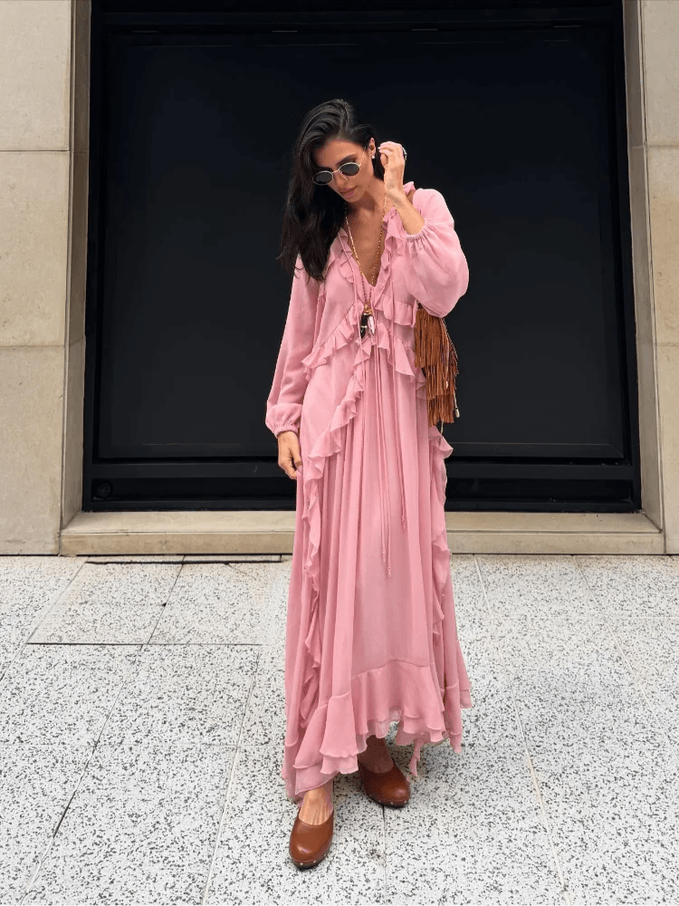 Elegant V-Neck Flounce Dress - Chic Loose Summer Gown for Women - Buy Center US