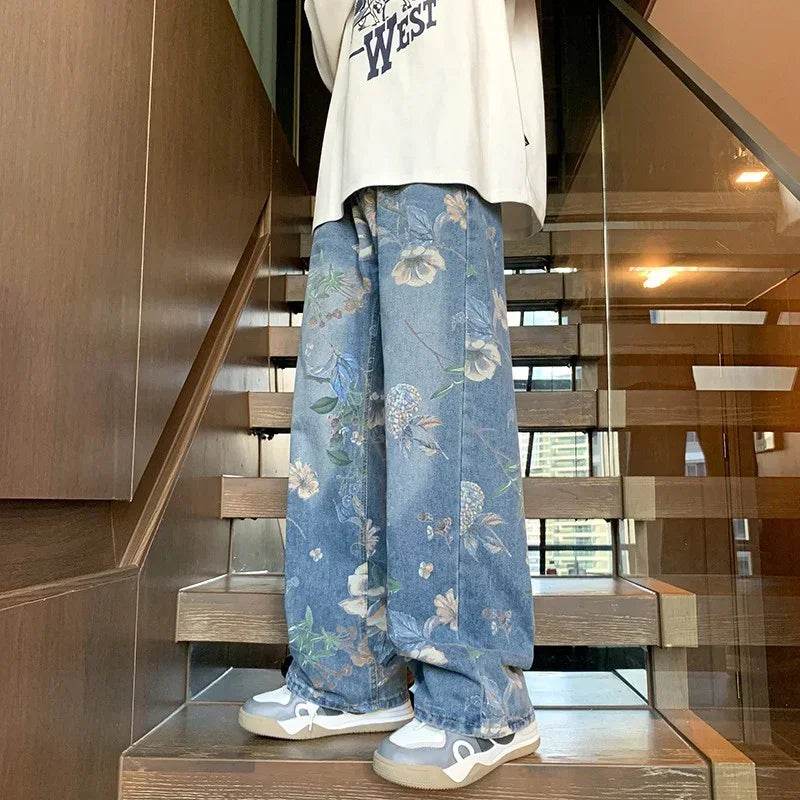 Y2K Vintage Floral Printed Jeans for Men - Baggy Wide-Leg Streetwear - Buy Center US