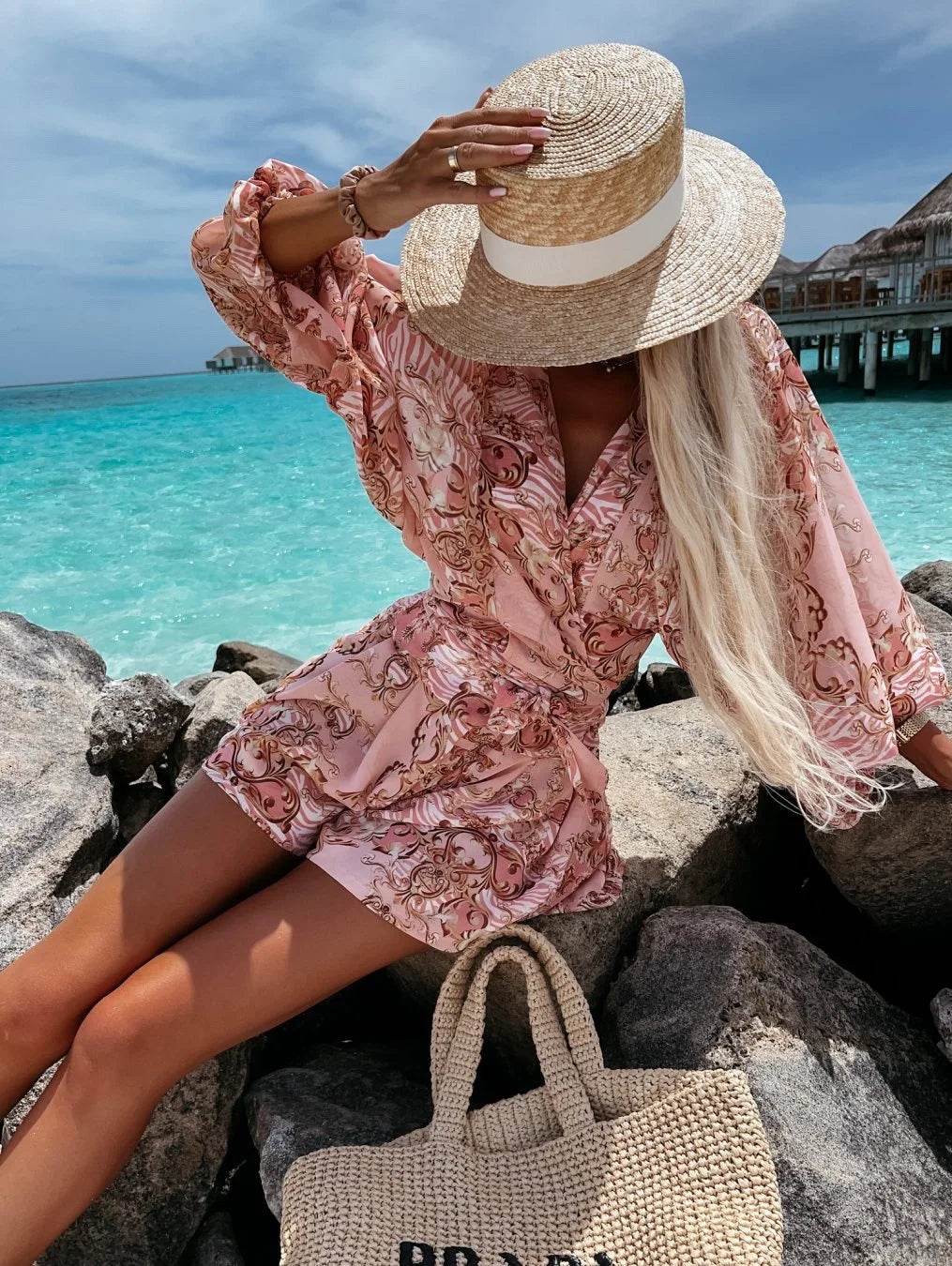 Summer Boho Deep V Neck Set - Casual Lantern Sleeve Top & Shorts - Buy Center US