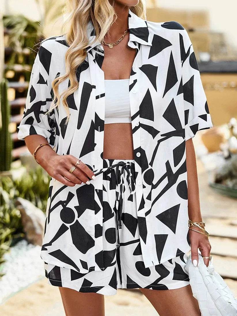 Shuangfuxiang Women’s Casual Geometric Print Short Sleeve Set - Buy Center US