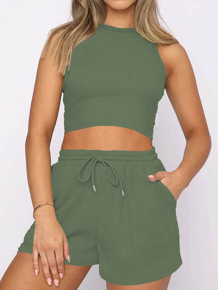 Elegant Women's Two-Piece Set - Sleeveless Waffle Vest & Shorts - Buy Center US