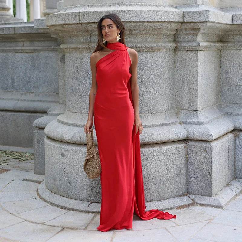 HTTEM Elegant Off Shoulder Halter Dress - Summer Slim Maxi Style - Buy Center US