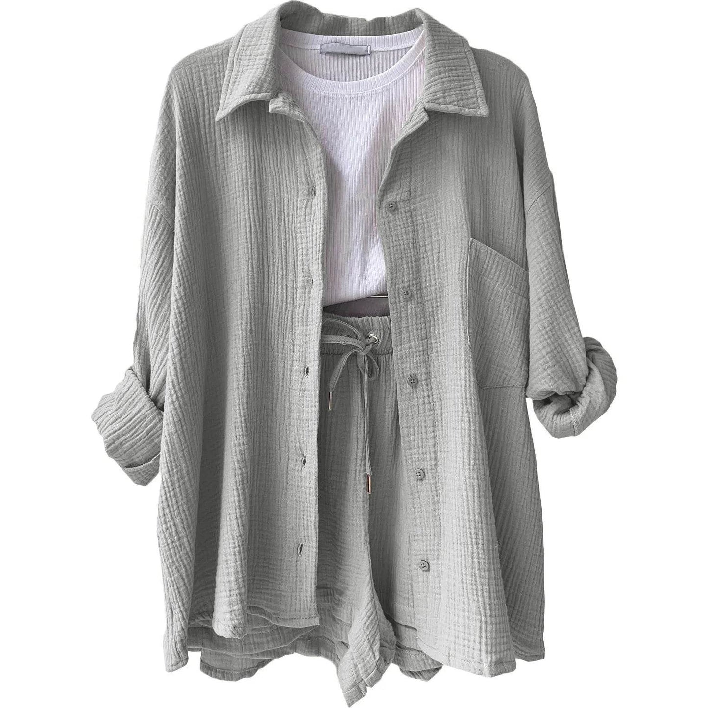Women's Summer Shorts Set - White Casual Outfit with Long Shirt - Buy Center US