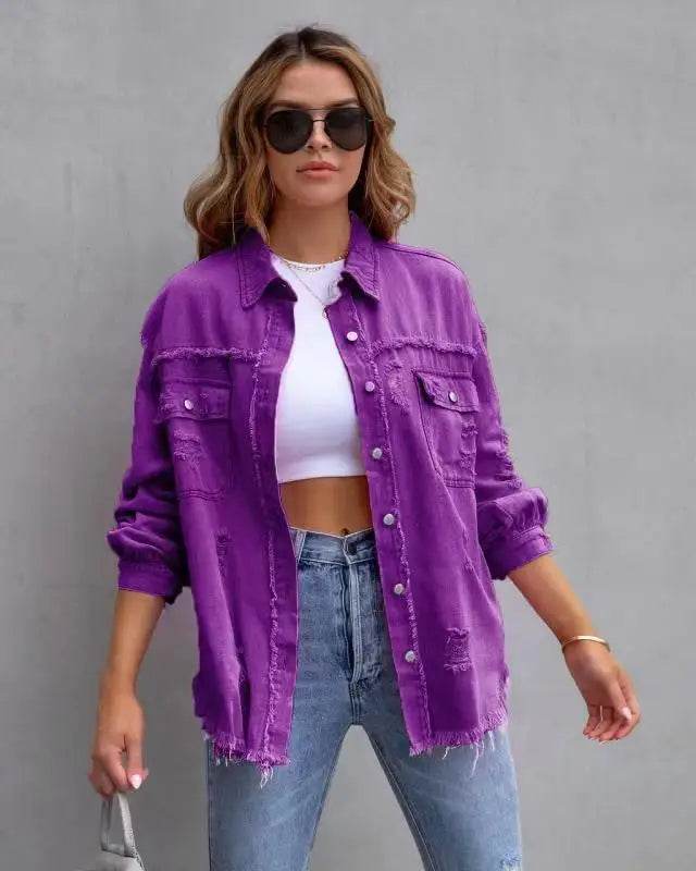 XXOWEN Women's Long Sleeve Denim Jacket - Casual Broken Hole Style - Buy Center US