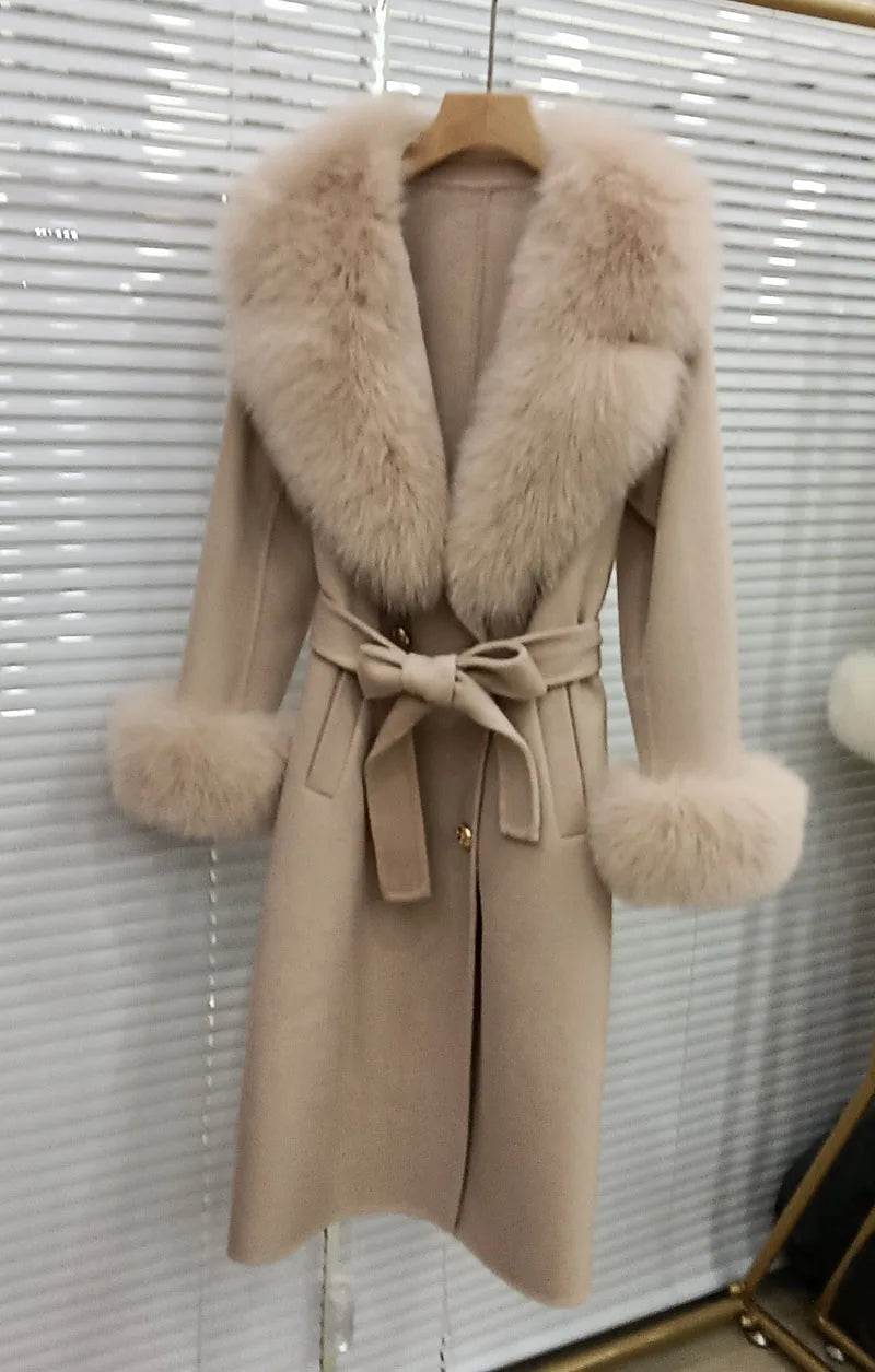 HSPLC Women's Long Wool Blended Coat with Fox Fur Collar - Winter Fashion - Buy Center US