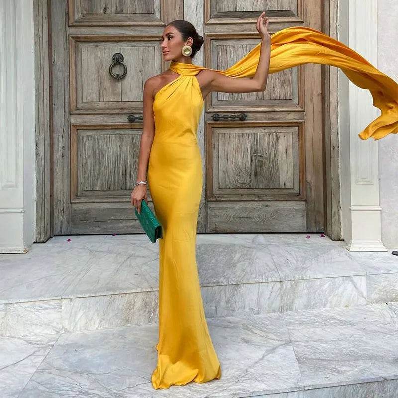 HTTEM Elegant Off Shoulder Halter Dress - Summer Slim Maxi Style - Buy Center US