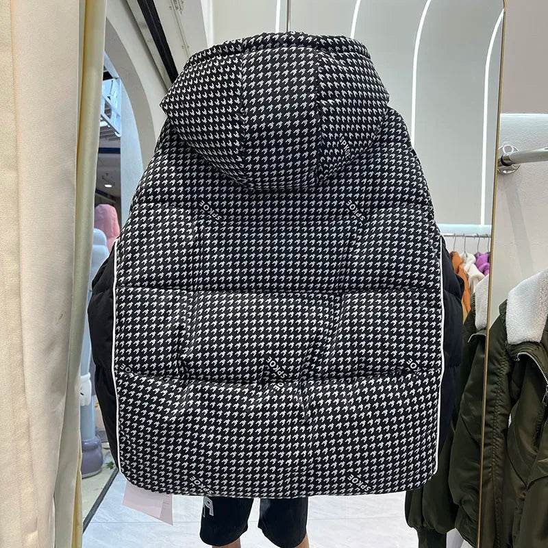 Women's Houndstooth Puffer Jacket - 90% Duck Down, Hooded Warmth - Buy Center US