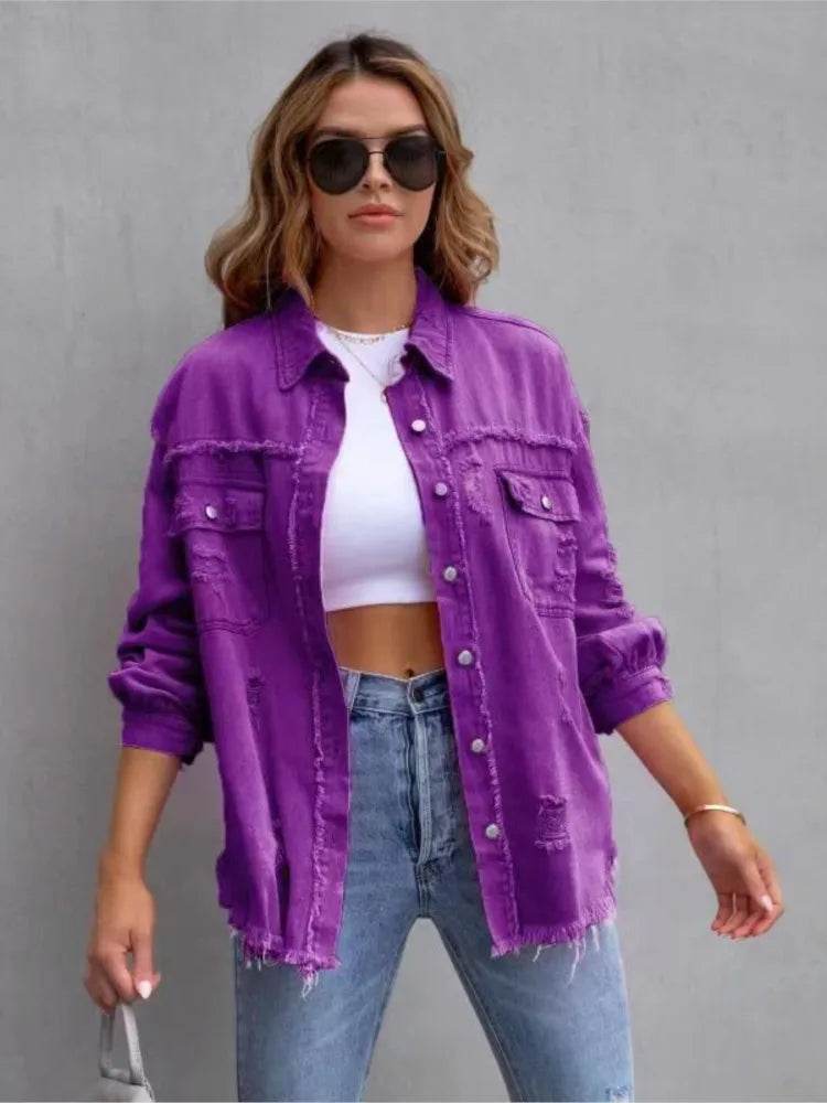 XXOWEN Women's Long Sleeve Denim Jacket - Casual Broken Hole Style - Buy Center US
