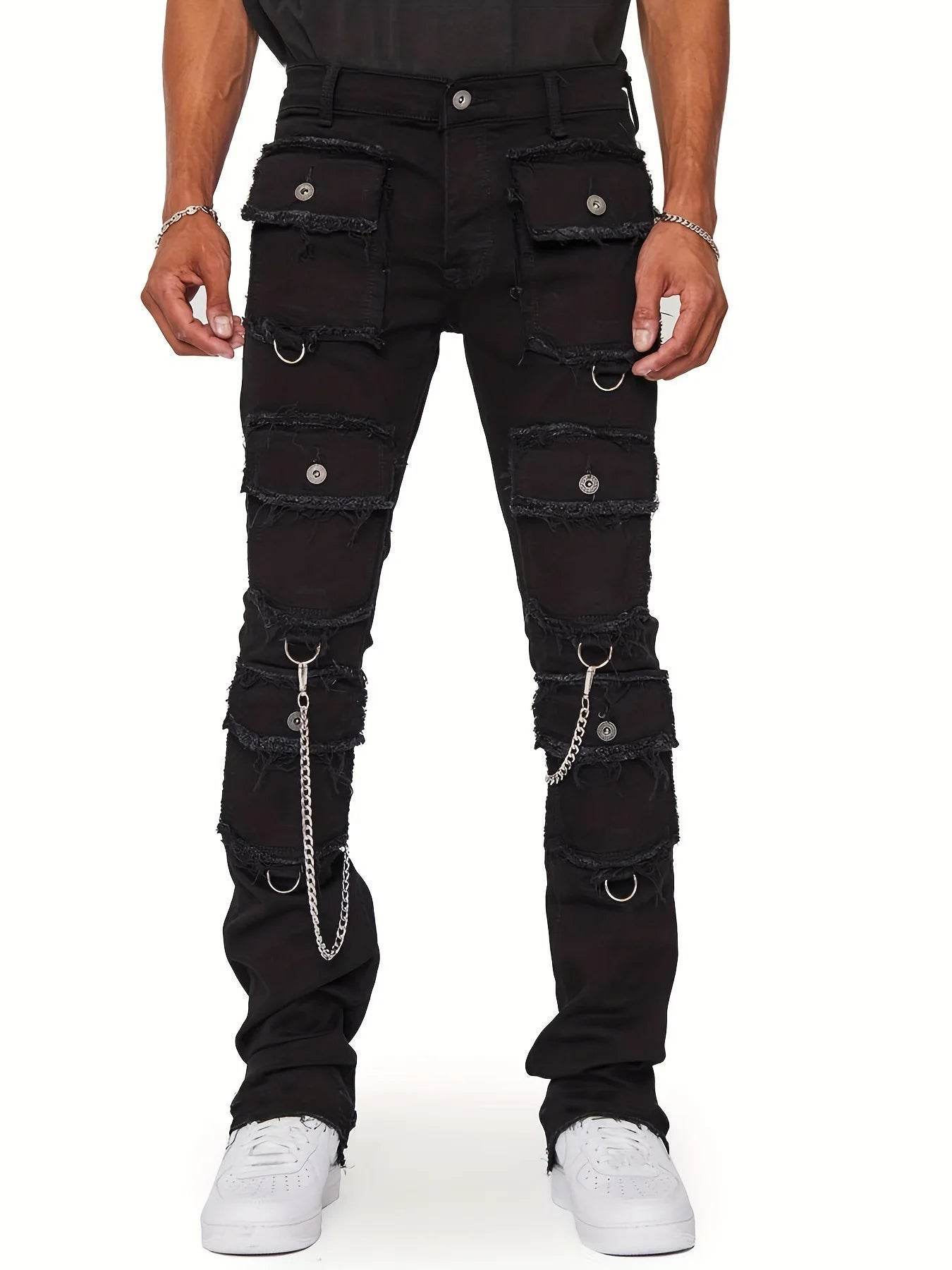 Kalenmos Men's Mid Waist Straight Jeans - Stylish Patchwork Cargo Design - Buy Center US
