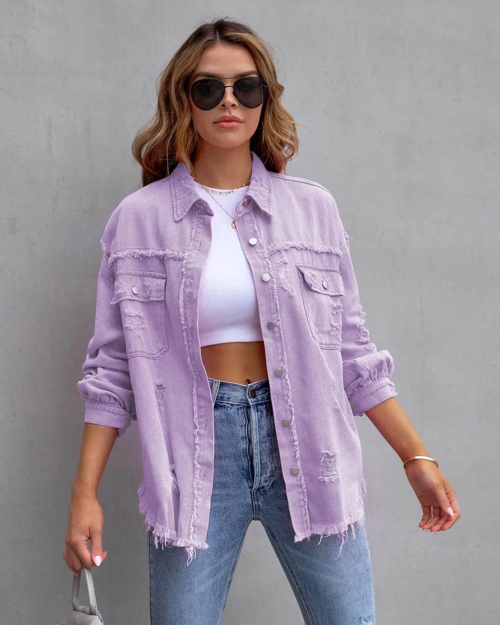 XXOWEN Women's Long Sleeve Denim Jacket - Casual Broken Hole Style - Buy Center US