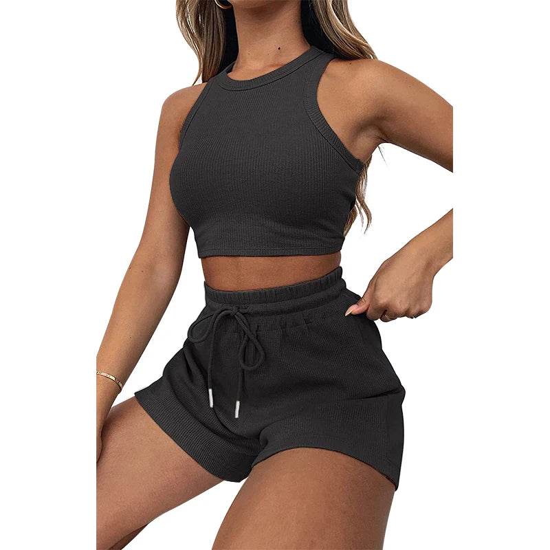 Women's Waffle Textured Shorts Set - Breathable O-Neck Crop Top - Buy Center US
