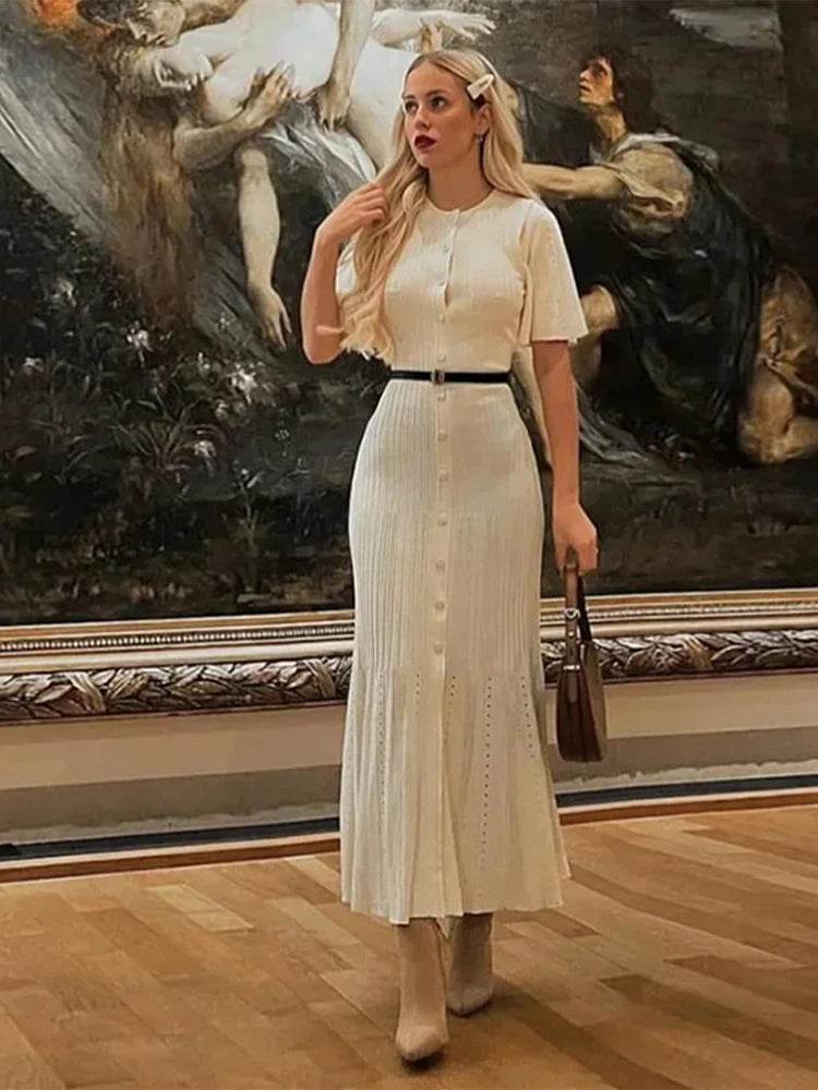 Elegant Women's Short Sleeve Dress - O Neck, High Waist Design - Buy Center US