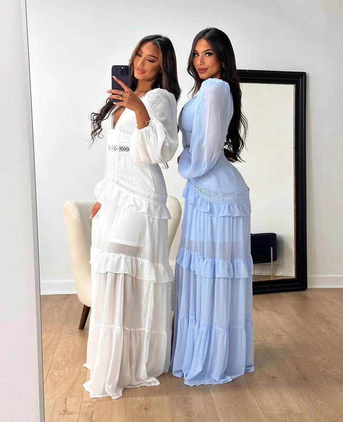 HKOX Elegant V-Neck Long Sleeve Ruffles Dress for Summer 2025 - Buy Center US