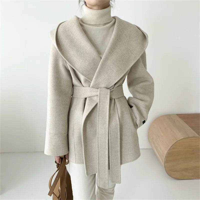 Ladies Hooded Lace Up Woolen Jacket - Elegant Vintage Outerwear - Buy Center US