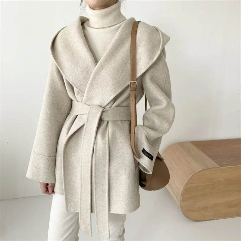 Ladies Hooded Lace Up Woolen Jacket - Elegant Vintage Outerwear - Buy Center US