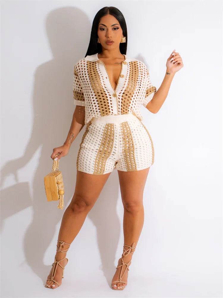 JRRY Sexy Women Knitted Beach Set - Turn Down Collar, Hollow Out - Buy Center US