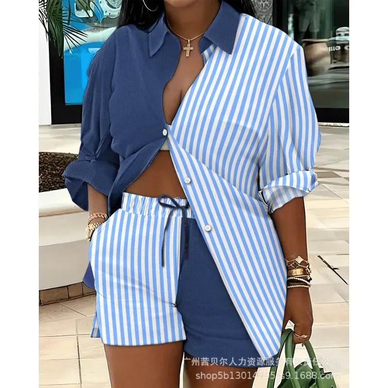Mandylandy Women's Striped Two Piece Set - Casual Shirt & Shorts - Buy Center US