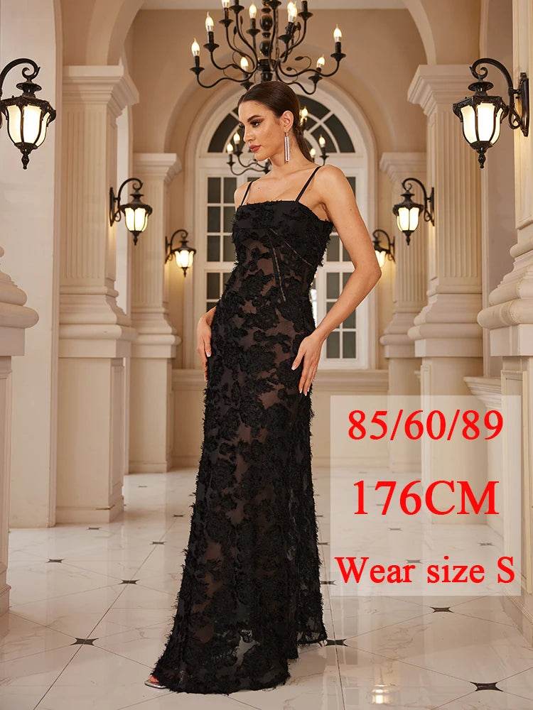 Mingmingxi Black Appliques Maxi Dress - Elegant Formal Party Gown - Buy Center US