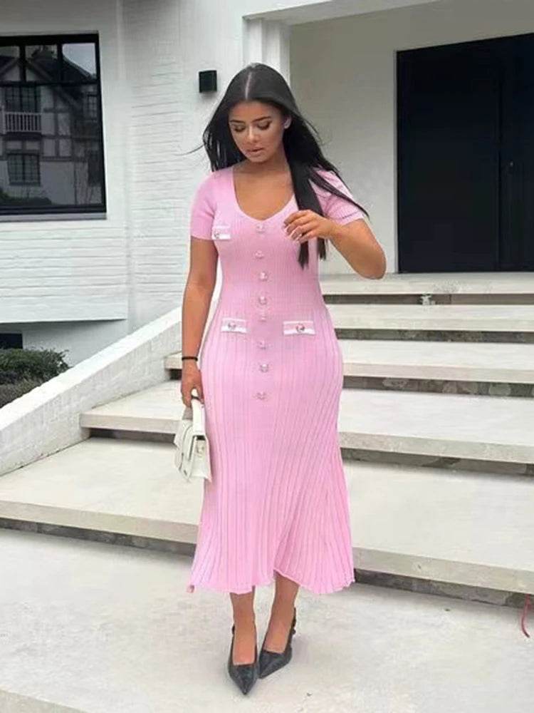 Elegant Office Lady Knitted Dress - Short Sleeve V-Neck Style - Buy Center US