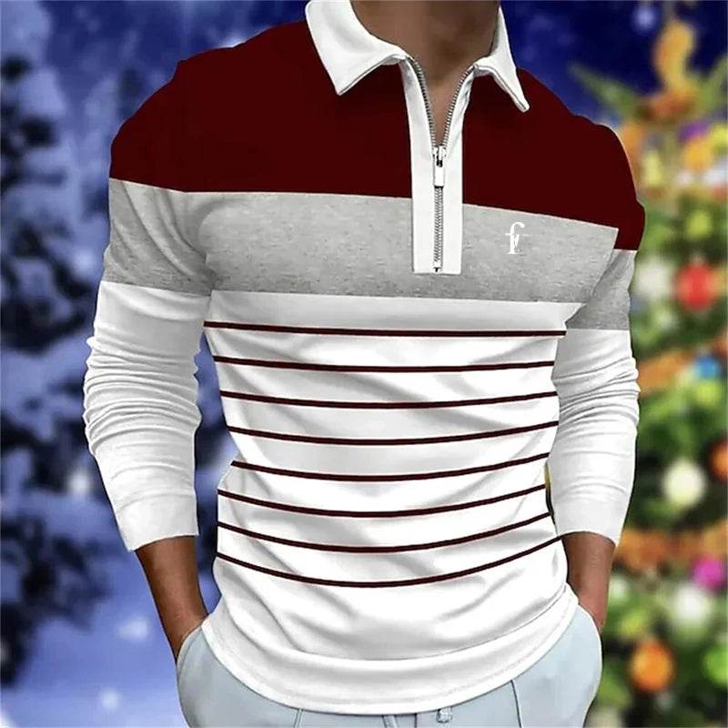 Men's Long Sleeve Stripe Polo Shirt - Casual Zipper Top for Spring - Buy Center US