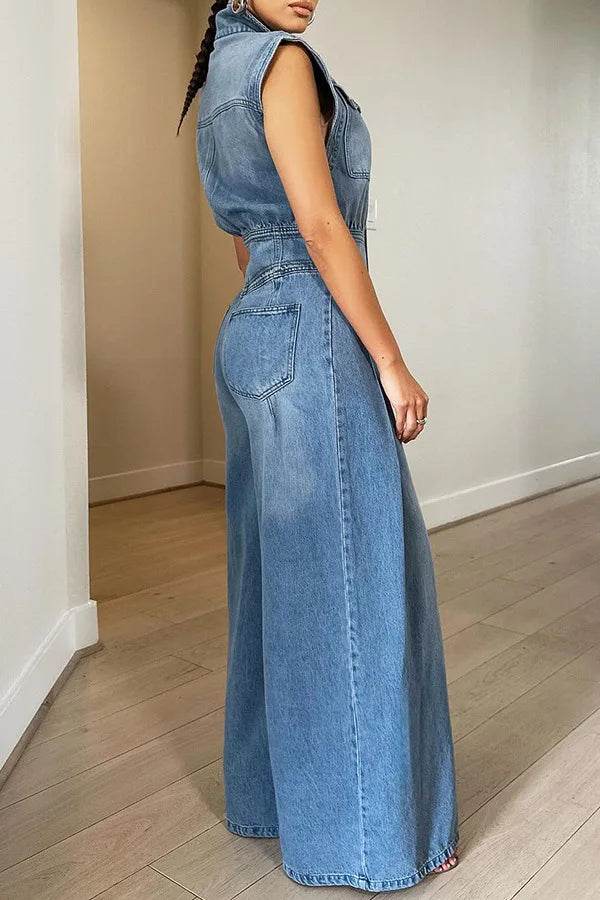 Kalenmos Women's Summer Denim Jumpsuit - High Waist, Wide Leg Style - Buy Center US