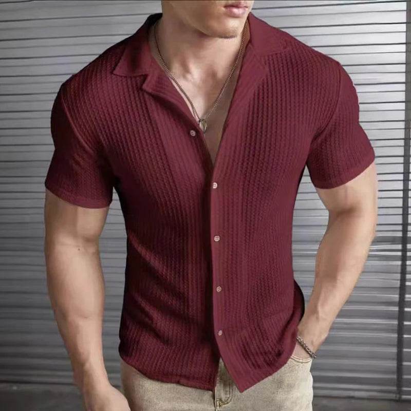 Casual Slim Fit Men's Shirt - Short Sleeved Solid Striped Spring Summer Top - Buy Center US
