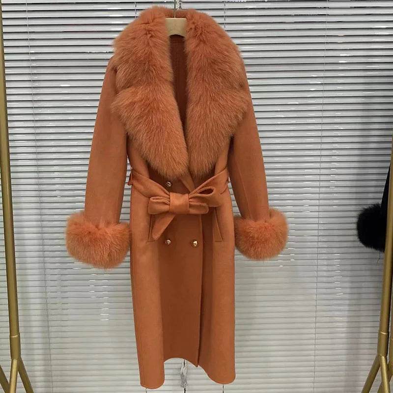 HSPLC Women's Long Wool Blended Coat with Fox Fur Collar - Winter Fashion - Buy Center US