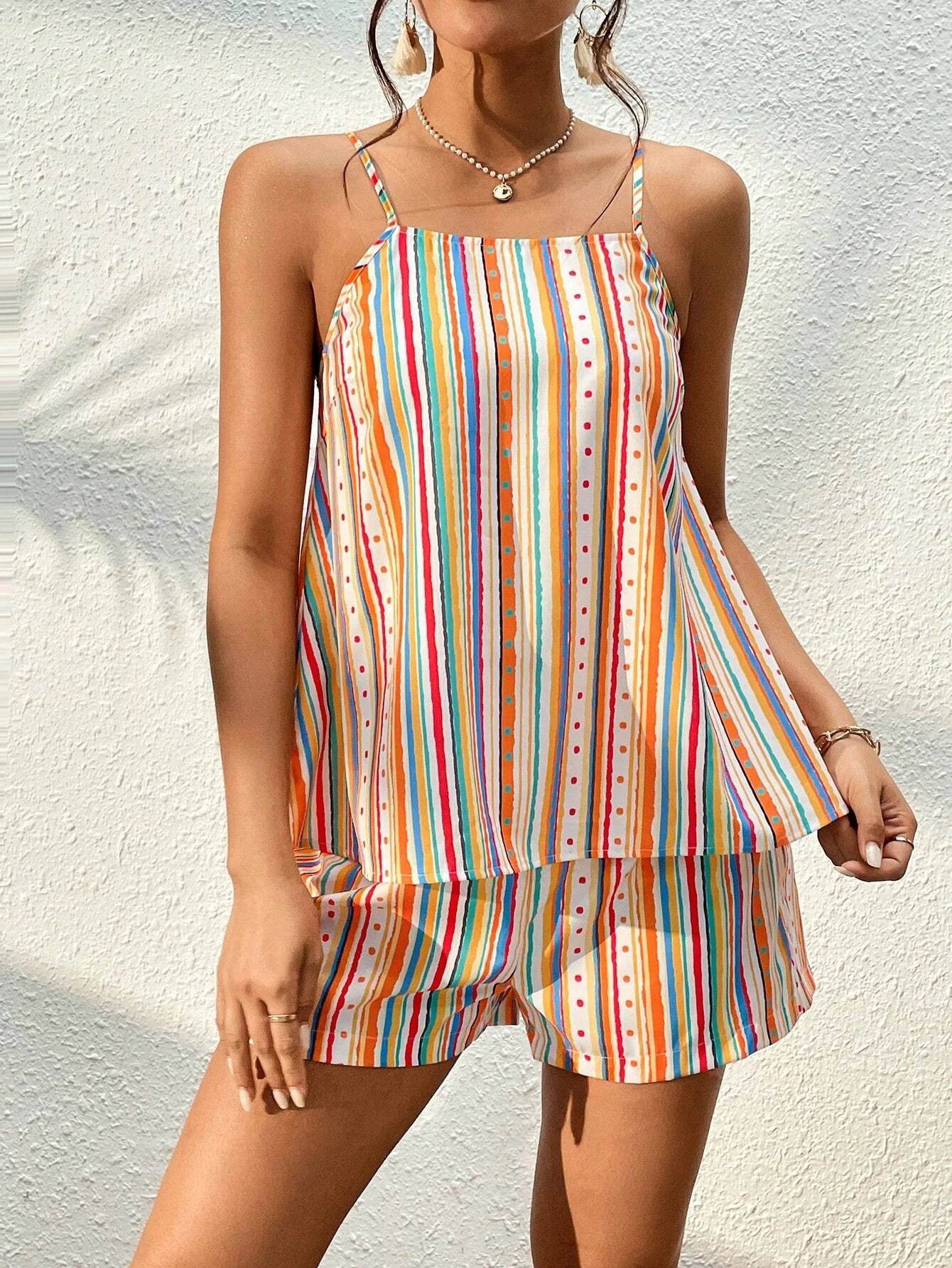 Tercoun Women's Striped Polka Dot Suspender Shorts Set - Sweet Style - Buy Center US