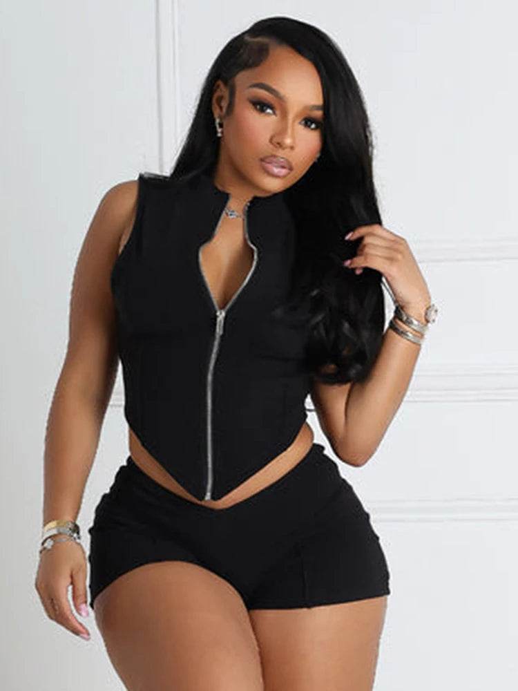 Weird Puss Women's Patchwork 2 Piece Set - Zipper Cardigan & Shorts - Buy Center US
