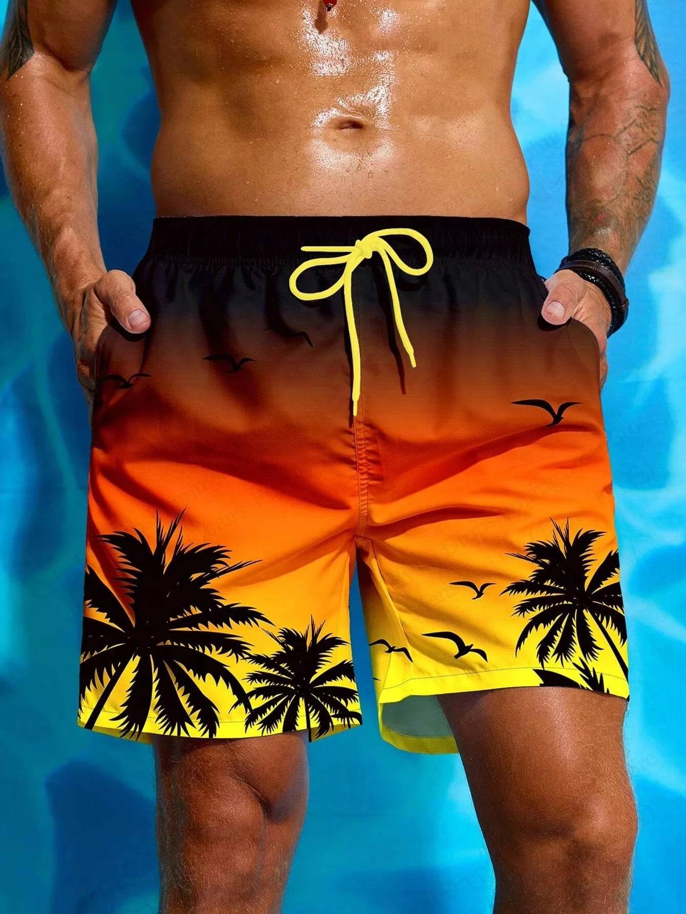 Men's Summer Board Shorts - 3D Palm Tree Print with Drawstring - Buy Center US