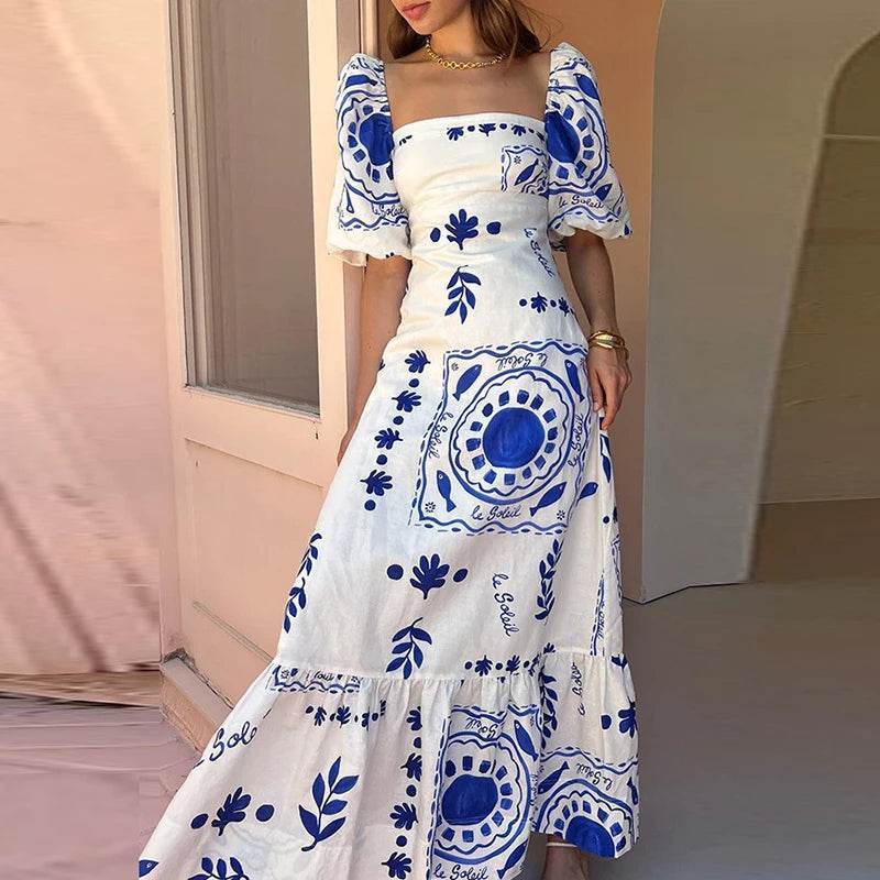 VIEUNSTA Floral Print Summer Dress - Square Neck & Long Sleeve - Buy Center US
