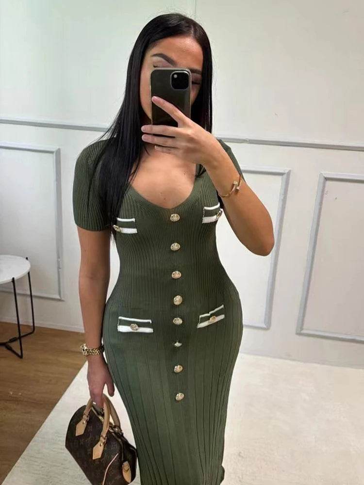 Elegant Office Lady Knitted Dress - Short Sleeve V-Neck Style - Buy Center US