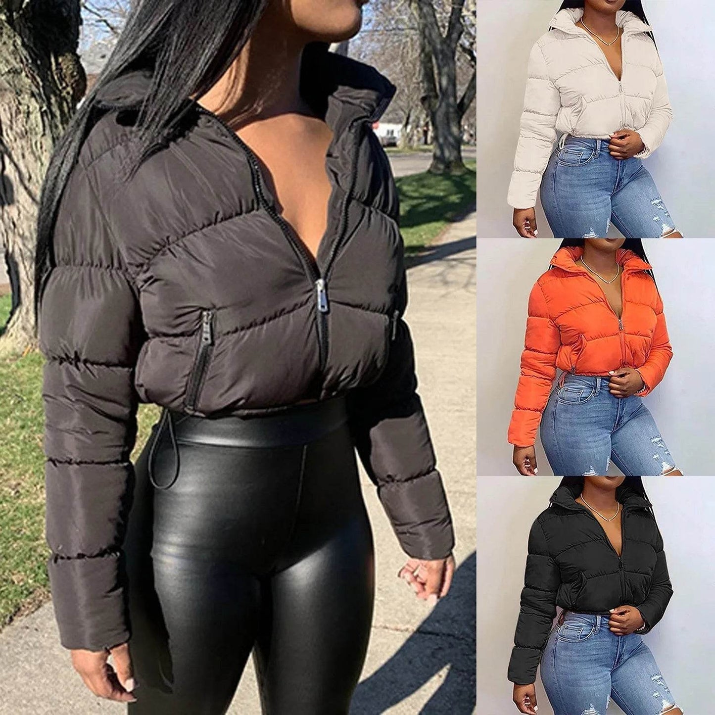 Women's Autumn Winter Stand Collar Padded Cropped Jacket - Zipper - Buy Center US