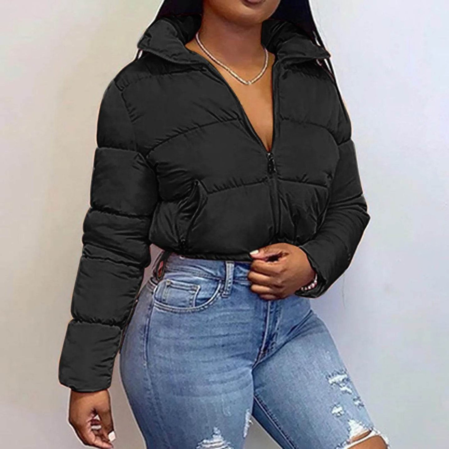 Women's Autumn Winter Stand Collar Padded Cropped Jacket - Zipper - Buy Center US