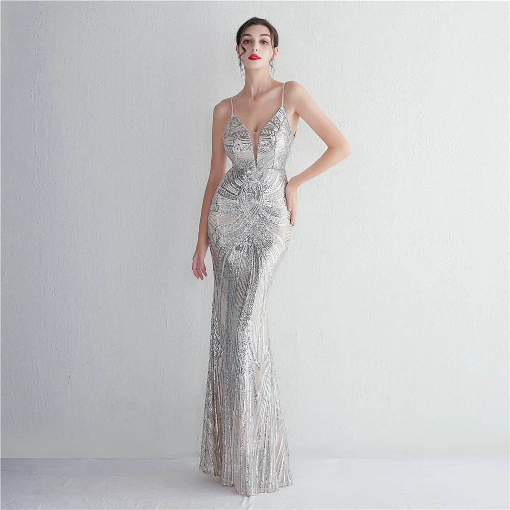 HBLL Sexy V Neck Maxi Dress - Purple Sequin Formal Gown for Parties - Buy Center US