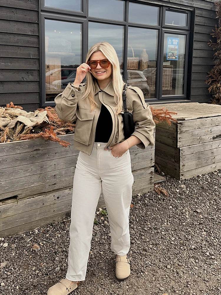 Hfwomenfz Vintage Women's Khaki Short Jacket - Zipper, Pockets, Full Sleeve - Buy Center US