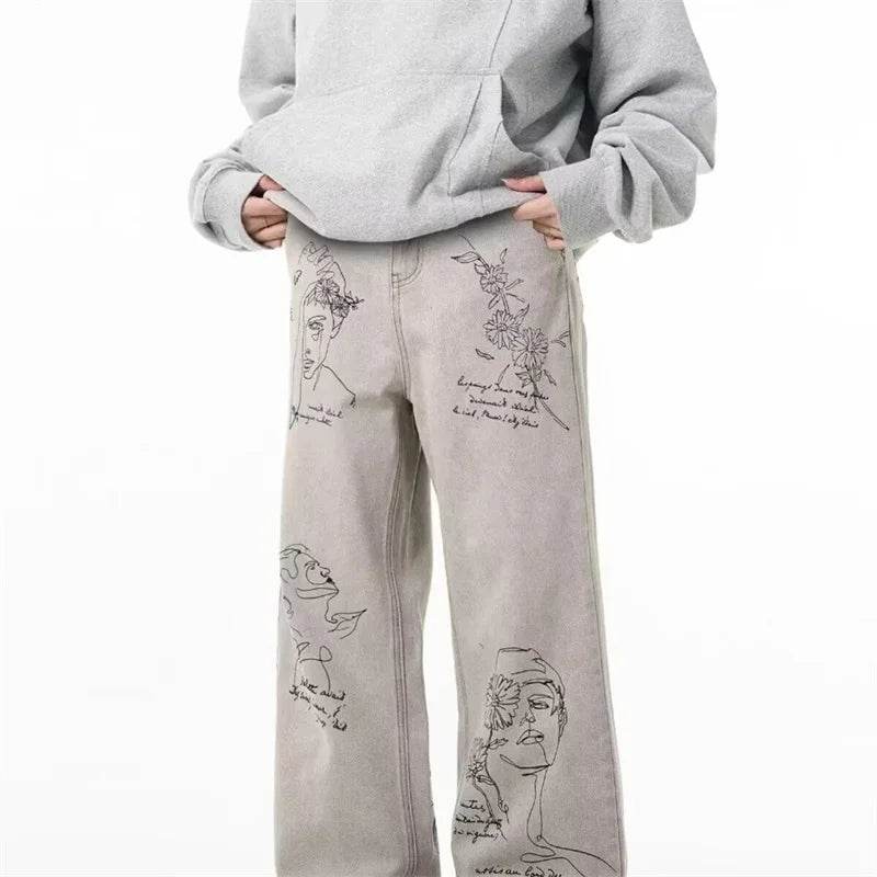 American Retro Graffiti Jeans for Men - Baggy Y2K Streetwear Style - Buy Center US