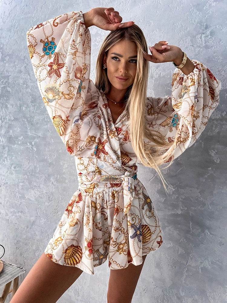 Summer Boho Deep V Neck Set - Casual Lantern Sleeve Top & Shorts - Buy Center US