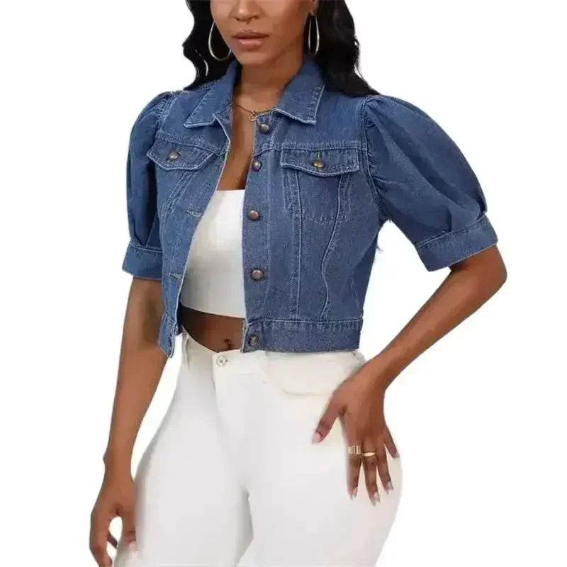 Stylish Women’s Denim Cardigan - Short Puff Sleeve Jacket - Buy Center US