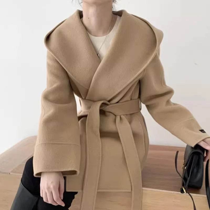 Ladies Hooded Lace Up Woolen Jacket - Elegant Vintage Outerwear - Buy Center US