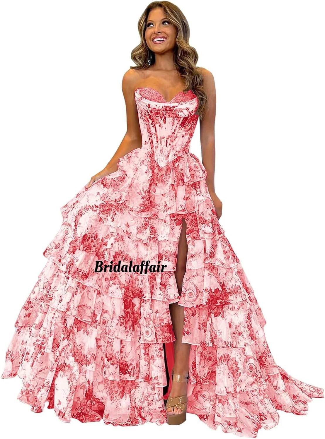 Strapless Floral Tiered Prom Dress - Sweetheart Neckline, A-Line Design - Buy Center US
