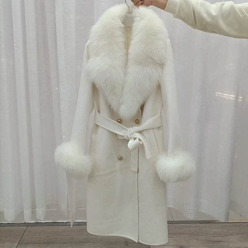 HSPLC Women's Long Wool Blended Coat with Fox Fur Collar - Winter Fashion - Buy Center US