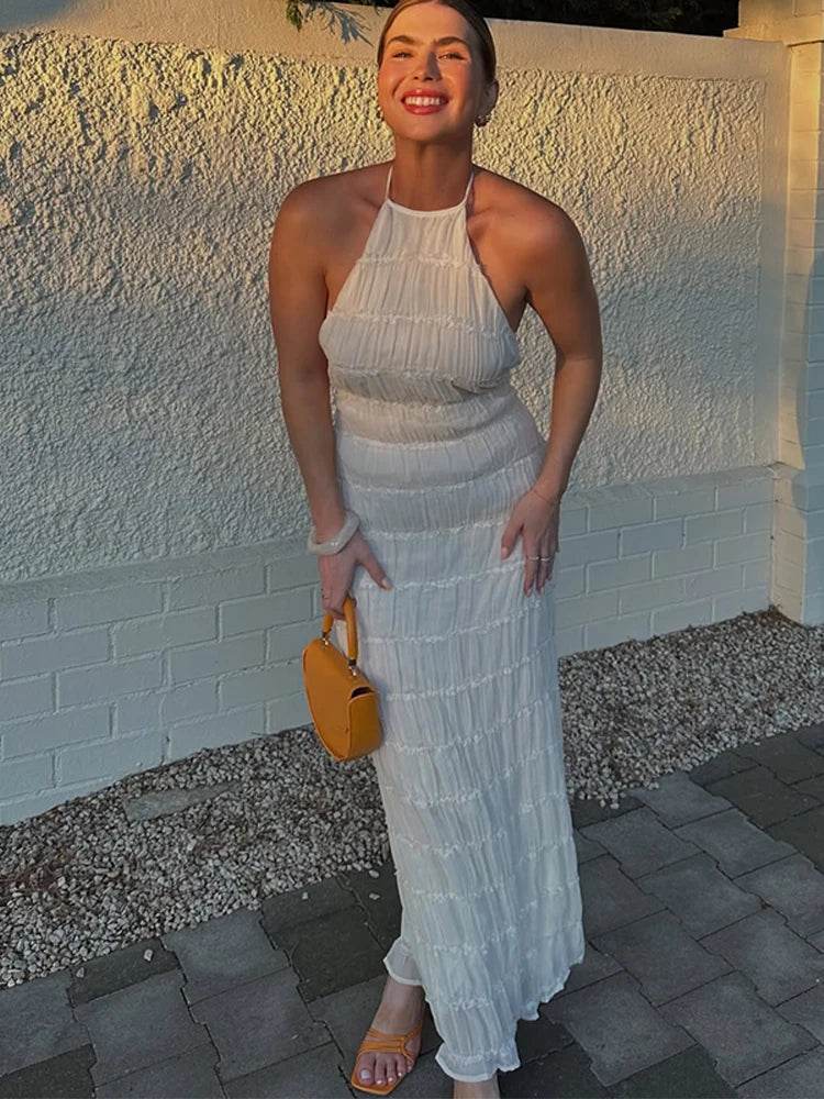 Elegant Pleated Halter Dress - Slim Backless Maxi for Women - Buy Center US