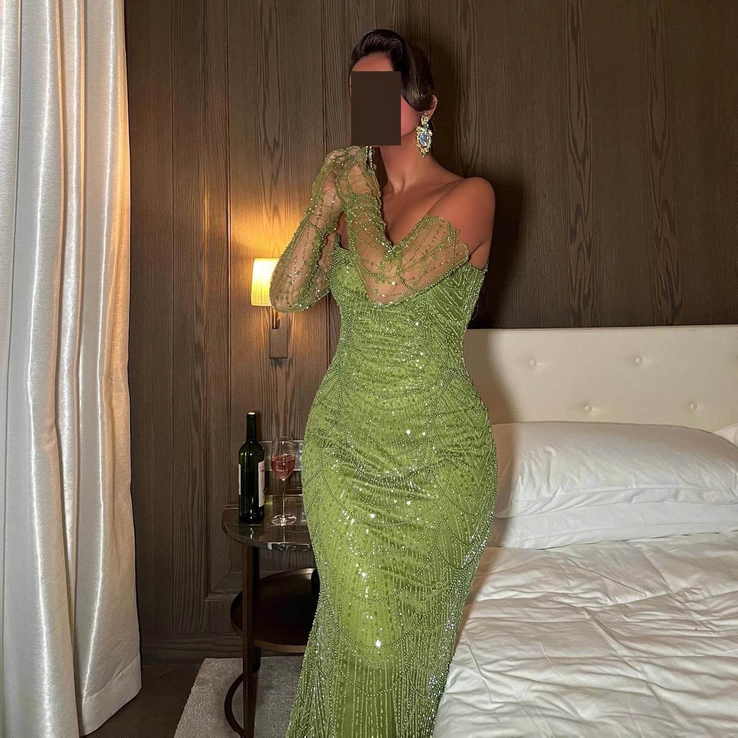 Sharon Said Luxury Mermaid Evening Dress - Green Tulle Gown with Gloves - Buy Center US