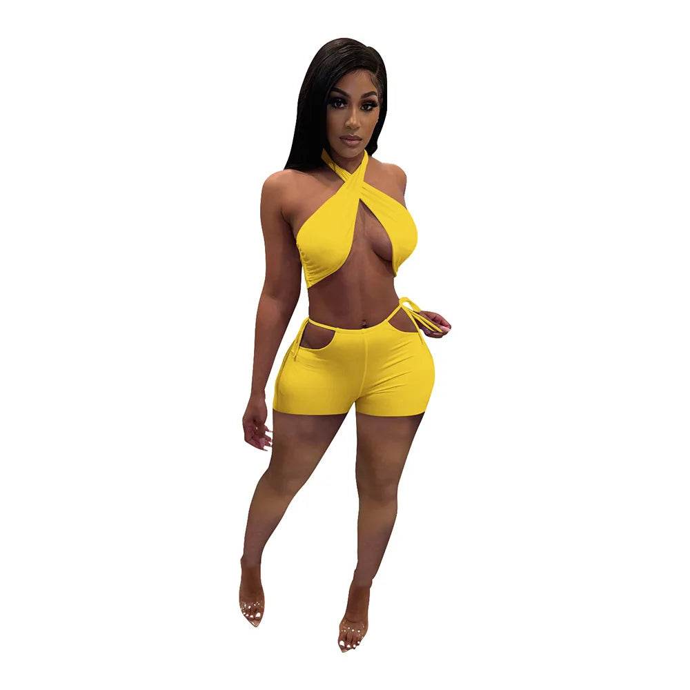 Stylish Women's Two Piece Set - Criss Cross Crop Top & Shorts - Buy Center US