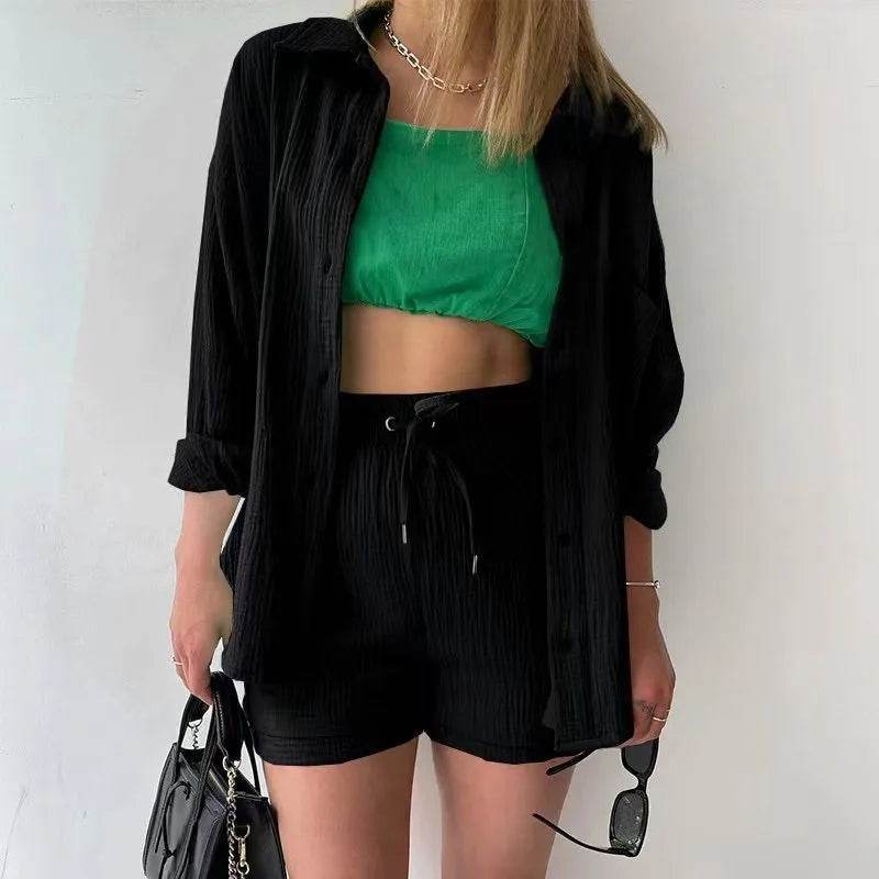 Women's Summer Shorts Set - White Casual Outfit with Long Shirt - Buy Center US